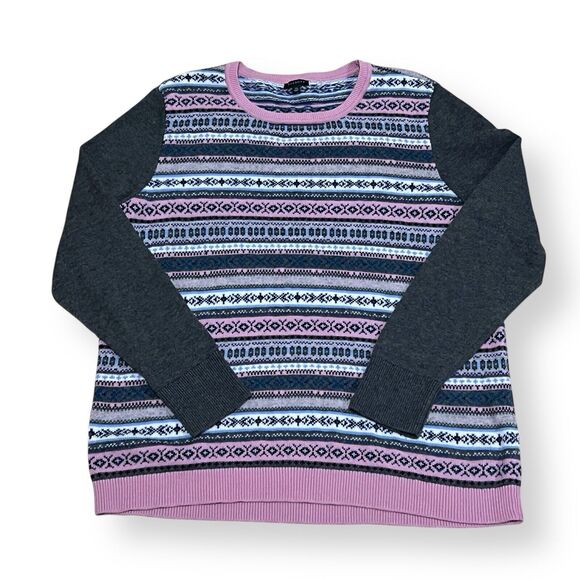 Talbots Women's XL Gray Pink Fair Isle Knit Casual Sweater Soft Lambswool Blend - Picture 1 of 8
